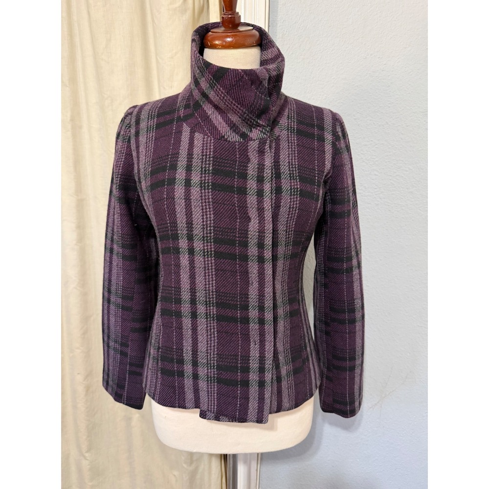 H&M Purple Plaid Wool Blend Jacket Siz 8 Asymmetrical Funnel Neck Women Academia